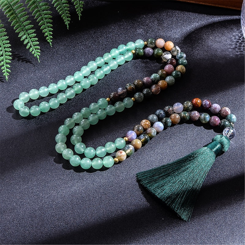 8mm Indian Agate Green Aventurine 108 Beads Japamala Necklace Bracelet Set Meditation Yoga Blessing Men and Women Jewelry - Bonnie Lassio