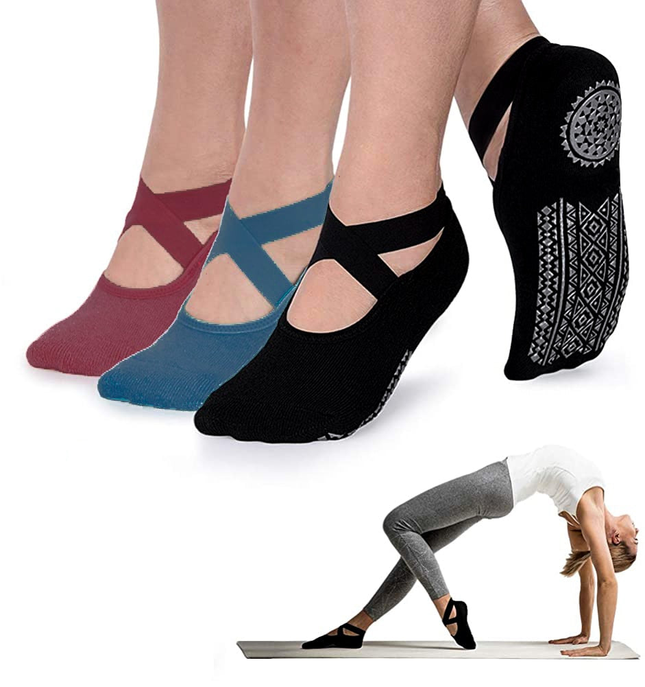 Yoga Socks for Women Non-Slip Grips & Straps, Bandage Cotton Sock, Ideal for Pilates Pure Barre Ballet Dance Barefoot Workout - Bonnie Lassio