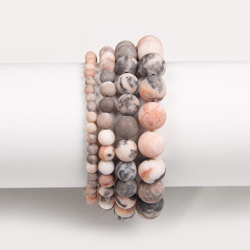 Natural Frosted Pink Zebra Mineral Stone Bracelets Handmade Matte Stone Bead Bracelet Women Men Yoga Meditation Jewelry Gift 1pc - Bonnie Lassio