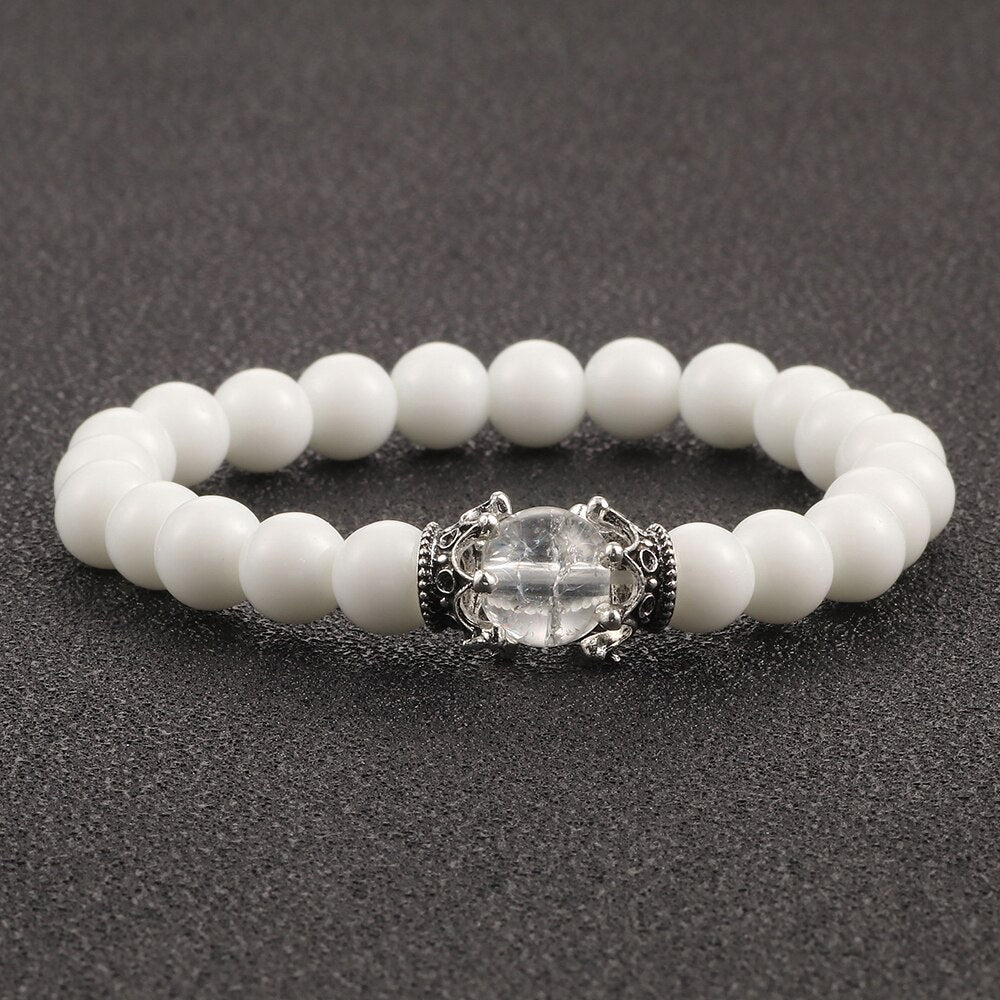 White Natural Stone Crown Beads Bracelets Men Women Yoga Meditation Buddha Stretch Braclet Vintage Charm Jewelry Pulseira Homme - Bonnie Lassio