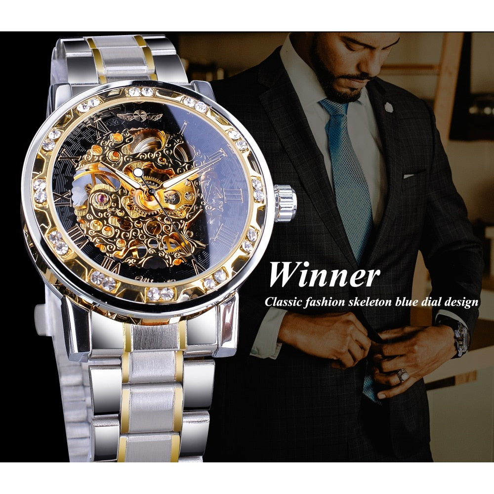 Winner Transparent Fashion Diamond Luminous Gear Movement Royal Design Men Top Brand Luxury Male Mechanical Skeleton Wrist Watch - Bonnie Lassio