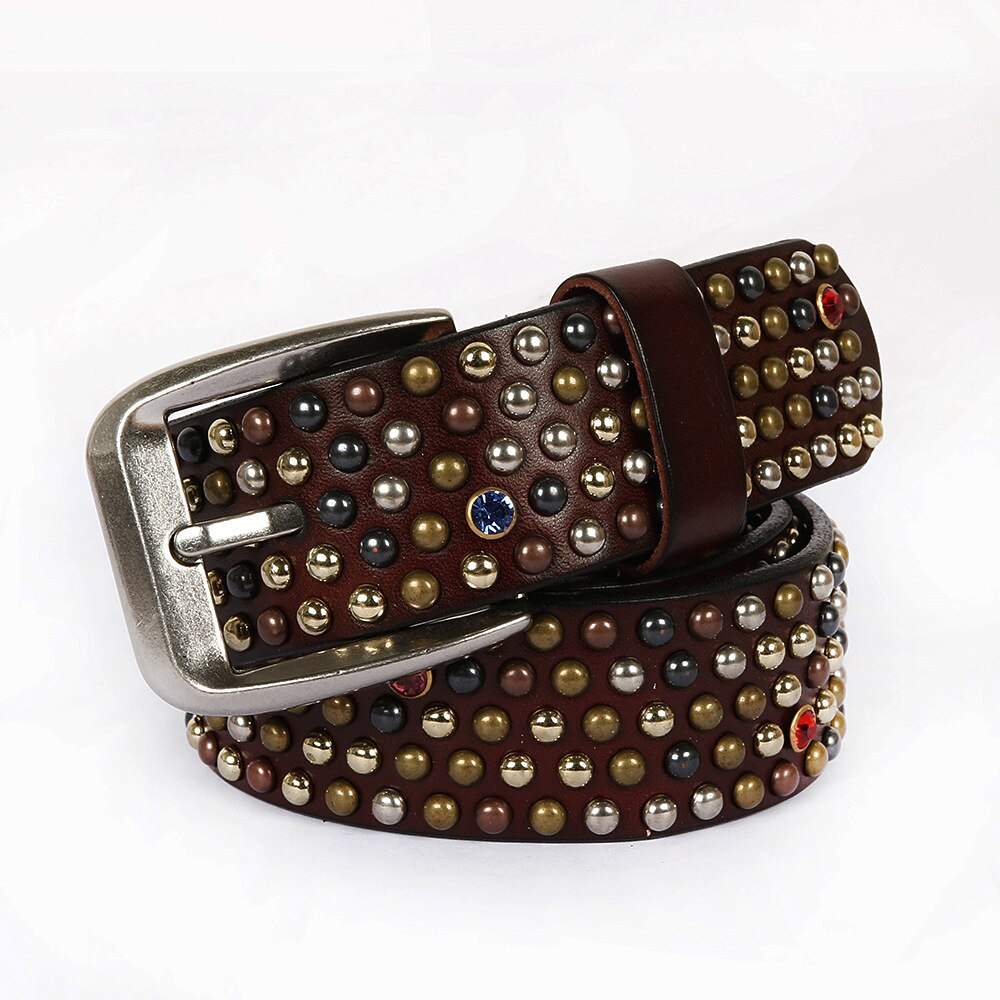 RAINIE SEAN Real Leather Belt Men Rivet Pin Buckle Belts Brown Italian Genuine Leather Cowhide Diamond High Quality Male Belt - Bonnie Lassio