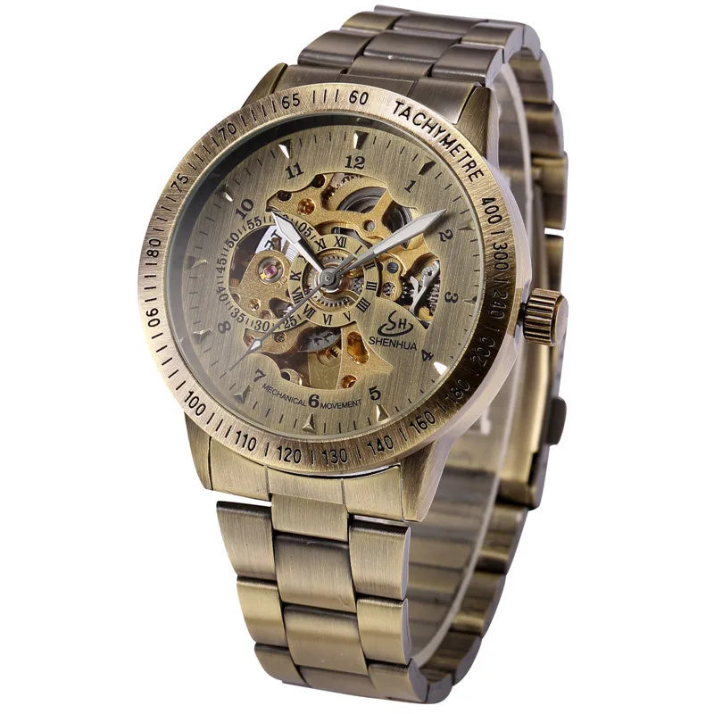 Mens Bronze Watch Metal Band Mechanical Automatic Self Wind Hollow Dial - Bonnie Lassio