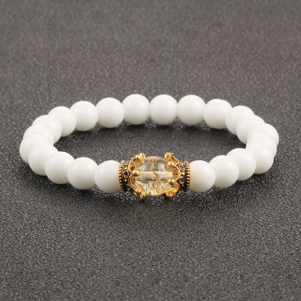 White Natural Stone Crown Beads Bracelets Men Women Yoga Meditation Buddha Stretch Braclet Vintage Charm Jewelry Pulseira Homme - Bonnie Lassio
