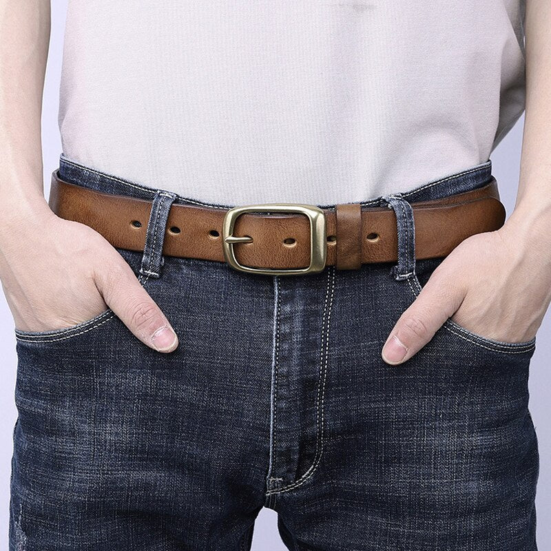 Mens  Genuine Leather Belt Copper Buckle Strap For Jeans - Bonnie Lassio
