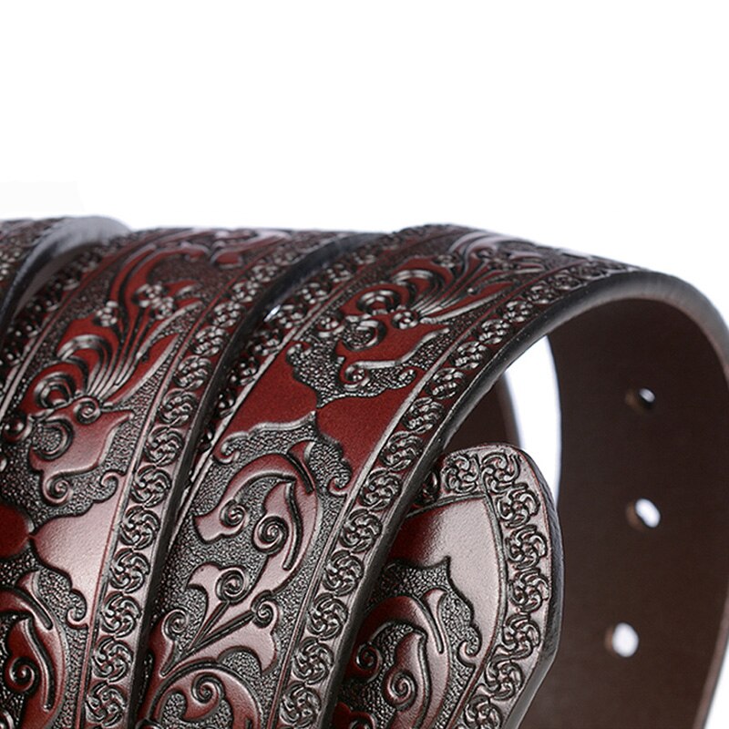 Male Print Leather Belt Floral Strap For Men 4.0 CM Black Vintage Embossing Genuine Cowskin Belt Designer Jeans High Quality - Bonnie Lassio