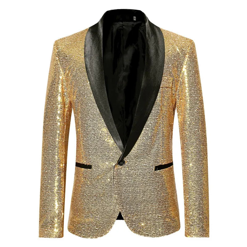 Mens Shiny Gold Sequin Glitter Blazer Jacket Fashion One Button Suit Blazer - Bonnie Lassio