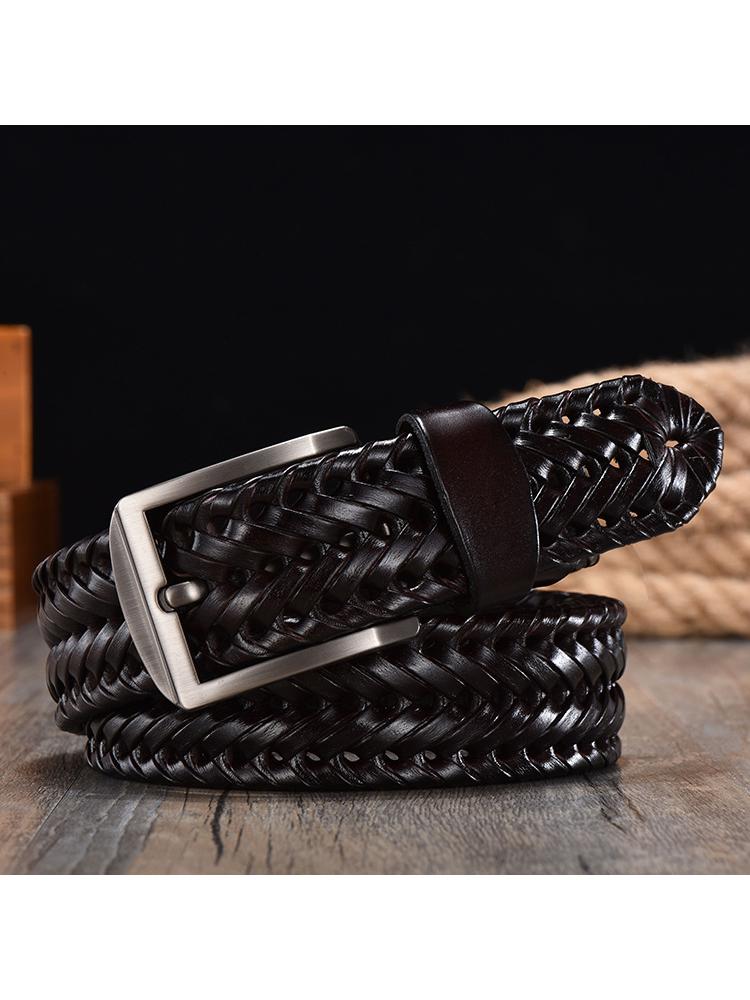 Mens Hand Woven Leather Belt 4cm Wide Needle Buckle - Bonnie Lassio