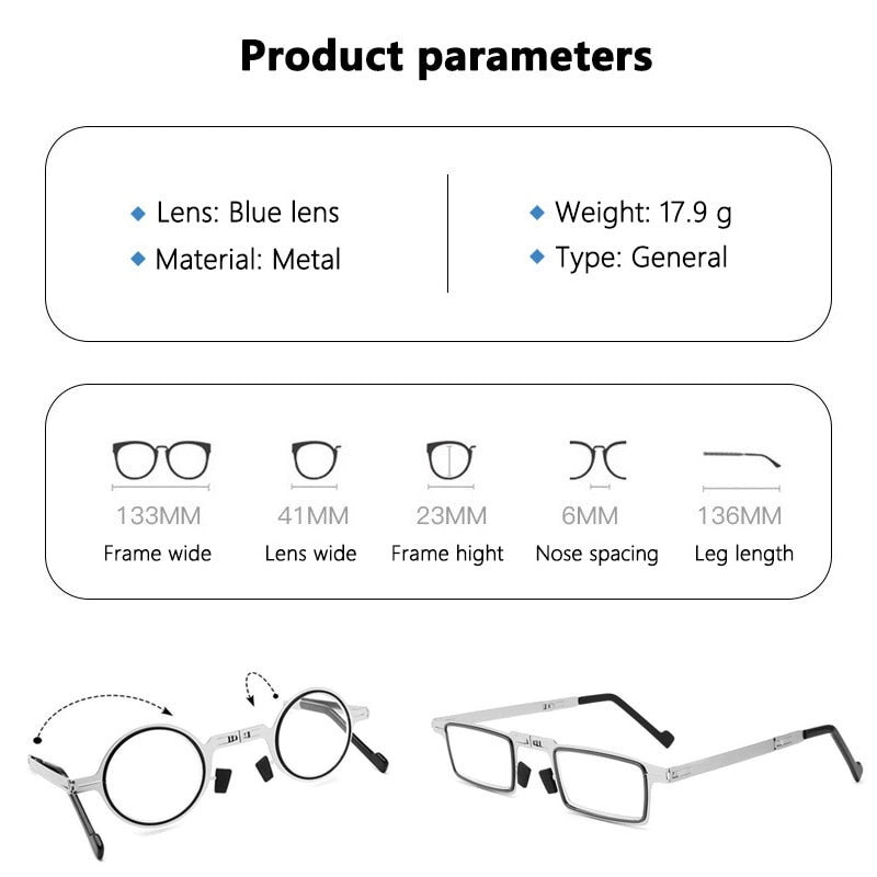 Portable Folding Reading Glasses Men Metal Round Square Anti Blue Light Eyewear Presbyopia Eyeglasses Frame Diopter +1.0 to +4.0 - Bonnie Lassio