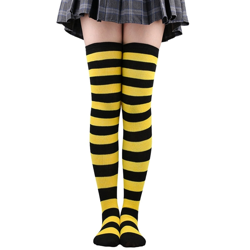 Women Thigh High Over The Knee Socks For Ladies Black White Striped Hosiery Long Cotton Stockings Knitted Warm Soks - Bonnie Lassio