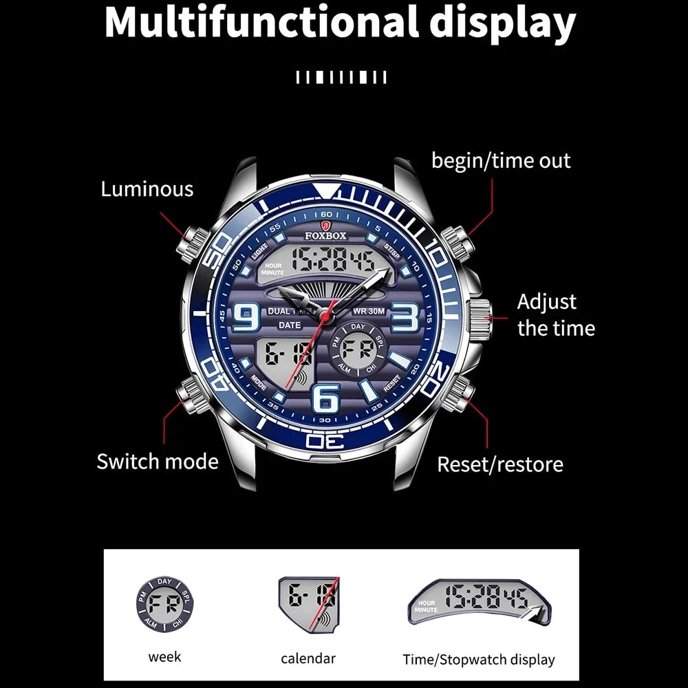 Digital Dual Display Mens Watch Quartz And Analogue Steel 46mm Dial - Bonnie Lassio
