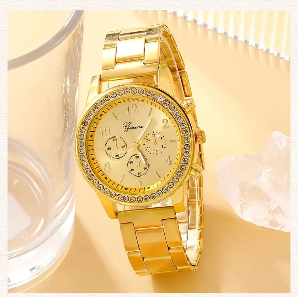 6PCS Set Luxury Watch Girls Ring Necklace Earring Rhinestone Fashion Wristwatch Casual Bracelet Set - Bonnie Lassio
