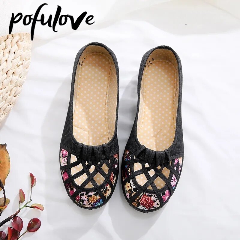 Pofulove Women Flat Shoes Casual Hollow Mesh Cloth Loafers Slip on Summer Spring Mother Sandals Breathable Zapatos Mujer Femme - Bonnie Lassio