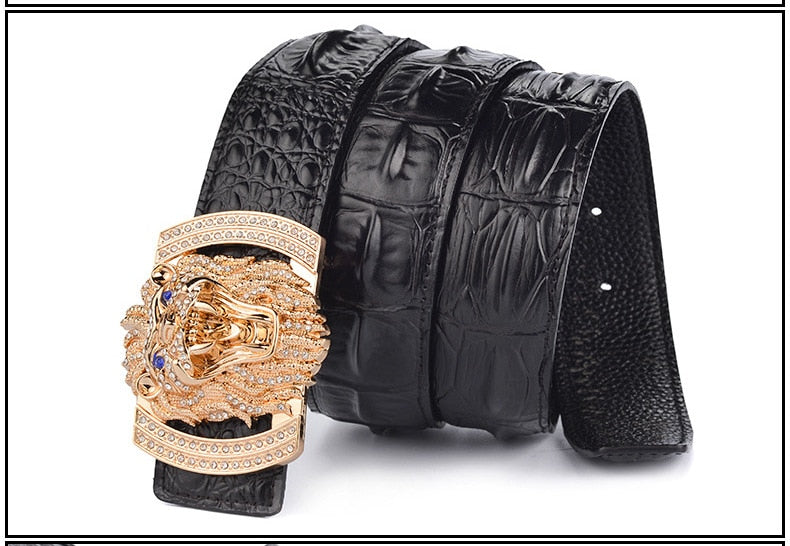 Hi-Tie Crocodile Brown Leather Coffee Men&#39;s Belt Luxury Gold lion Buckle Cowskin Genuine Leather Belt for Jeans Belt Men Gifts - Bonnie Lassio