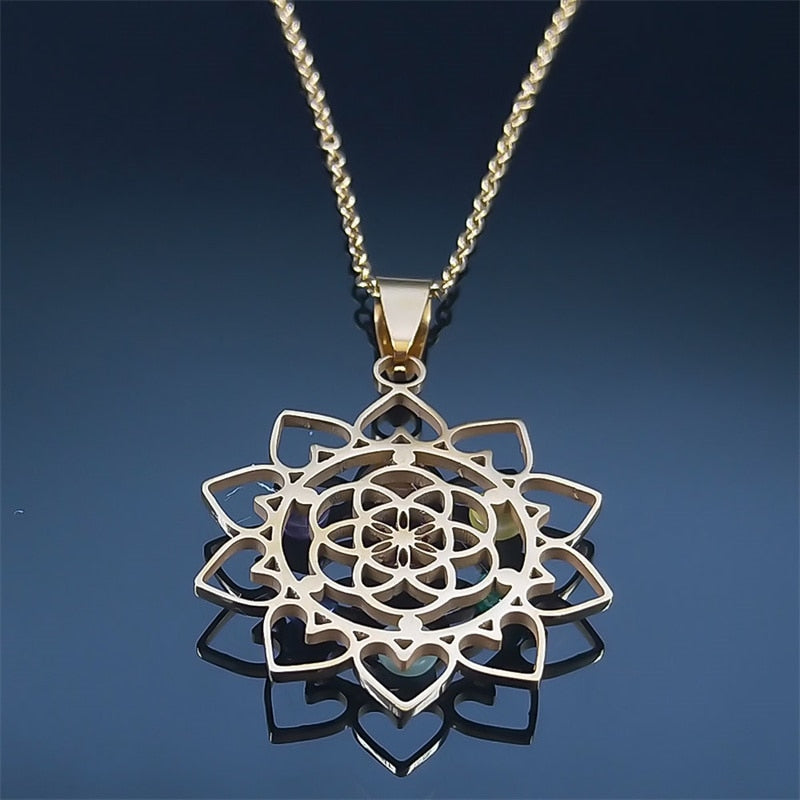 Sacred Geometry 7 Chakra Metatron Heart Necklace Flower of Life Stainless Steel Opal Stone Necklace Reiki Healing Jewelry N1120S - Bonnie Lassio