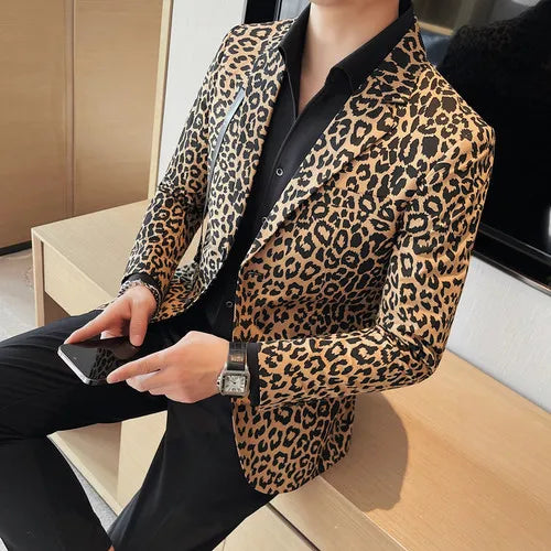 Leopard Print Mens Slim Fit Suit Jacket Single Breasted Two Button Fashionable Blazer - Bonnie Lassio
