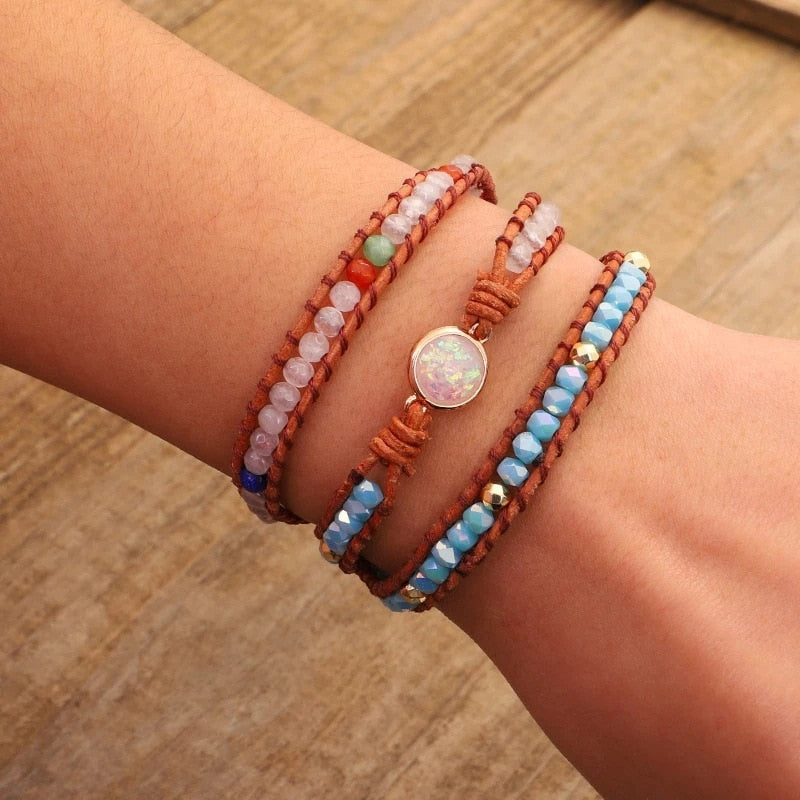 Natural Moonstone Healing Protection Opal Bracelet Bead Meditation Inspiring Multilayered Bracelet Leather Wrap Gift Unisex - Bonnie Lassio