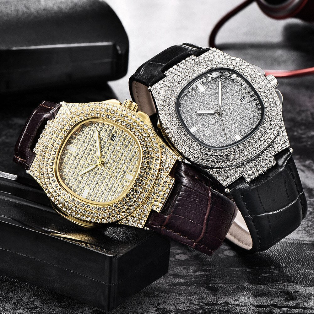 Mens Watch Luxury Iced Out Diamond Watches Fashion Leather Strap Quartz Wristwatches Male Clock Relogio Masculino Drop Shipping - Bonnie Lassio