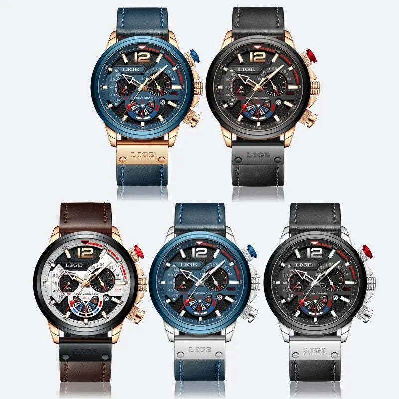 LIGE Fashion Watch Luxury Chronograph Sport Mens Quartz Wristwatches Leather Waterproof - Bonnie Lassio