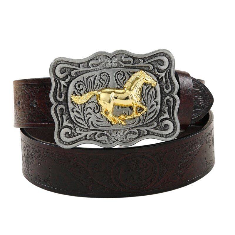 Running Horse Belt Buckle Belt Vintage Western Belt Cowboy Belts For Men Western With Big Buckle Leather Belt Jeans Belt R7RF - Bonnie Lassio