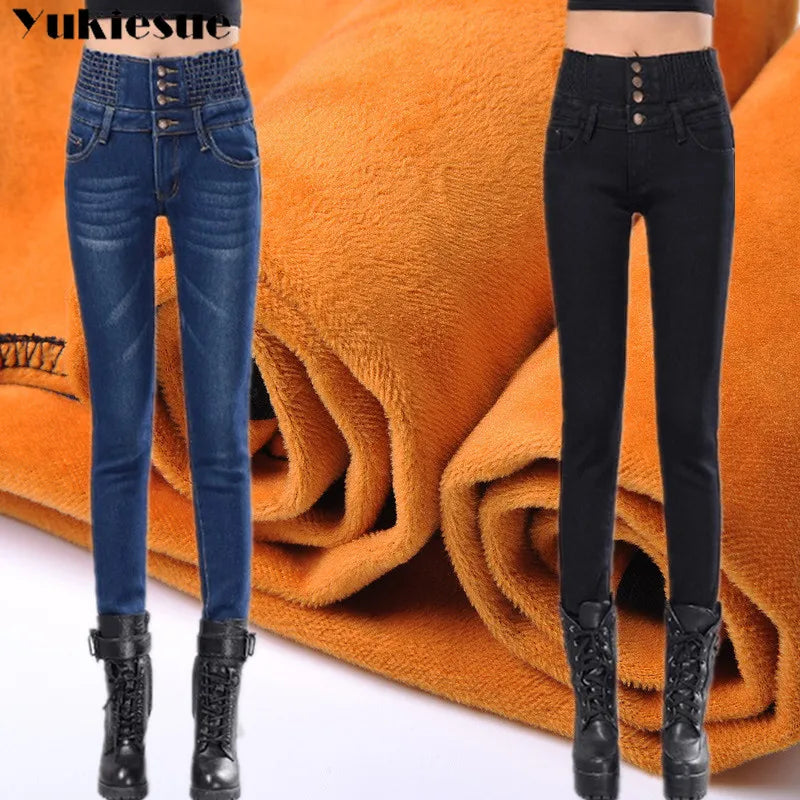 Womens Winter Jeans High Waist Skinny Pants Fleece /no velvet Elastic Waist Jeggings Casual clothes Jeans For Women Warm Jeans - Bonnie Lassio