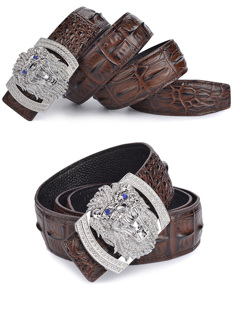 Hi-Tie Crocodile Brown Leather Coffee Men&#39;s Belt Luxury Gold lion Buckle Cowskin Genuine Leather Belt for Jeans Belt Men Gifts - Bonnie Lassio