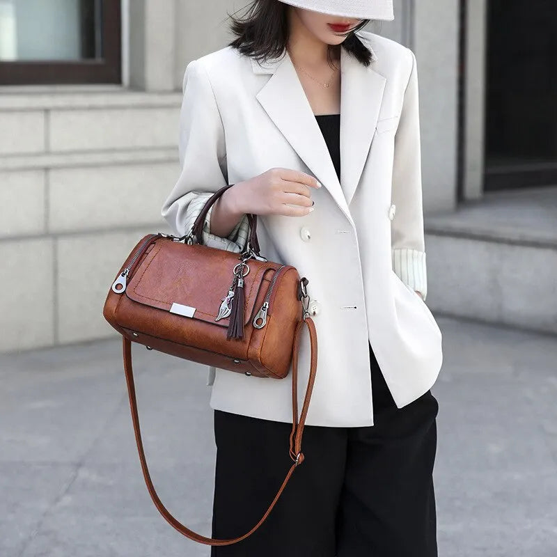 Tassel Decor Handbag, Women's Large Capacity Shoulder Bag, Fashion Zipper Crossbody Bag With Removable Strap - Bonnie Lassio