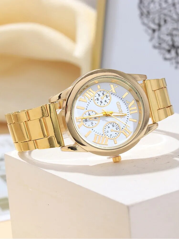 5pcs Fashion Women's Watch Versatile and Simple Gold Steel Band Quartz Watch with Star Moon Diamond Bracelet Set - Bonnie Lassio