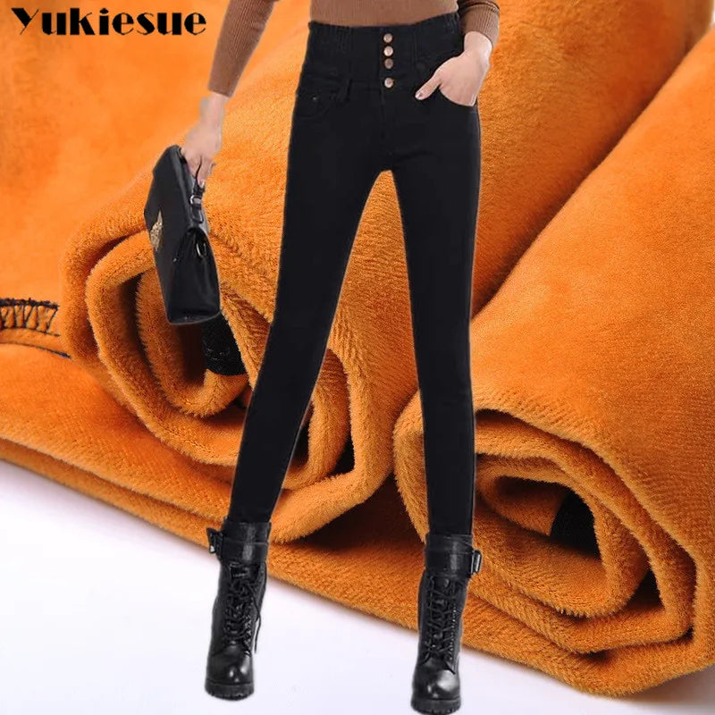 Womens Winter Jeans High Waist Skinny Pants Fleece /no velvet Elastic Waist Jeggings Casual clothes Jeans For Women Warm Jeans - Bonnie Lassio