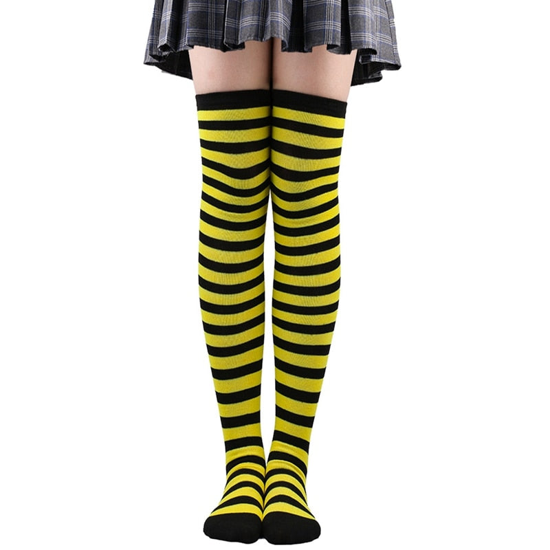 Women Thigh High Over The Knee Socks For Ladies Black White Striped Hosiery Long Cotton Stockings Knitted Warm Soks - Bonnie Lassio