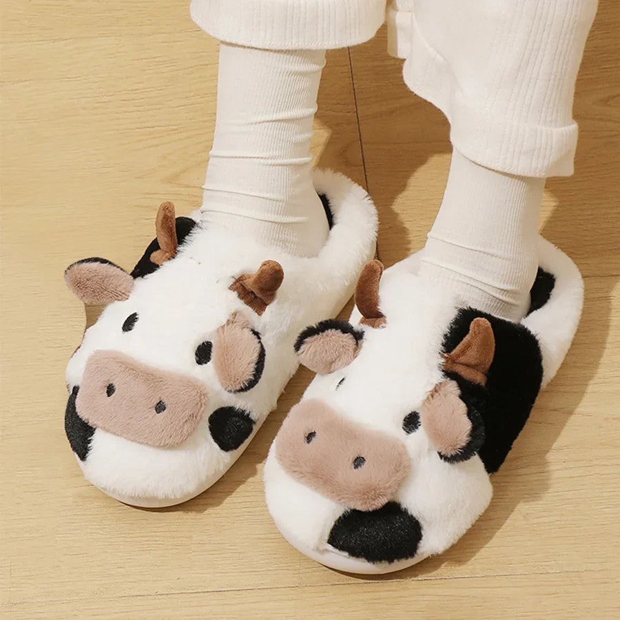 Unisex Plush Cotton Slippers Cute Cow Anti-Slip Slides - Bonnie Lassio