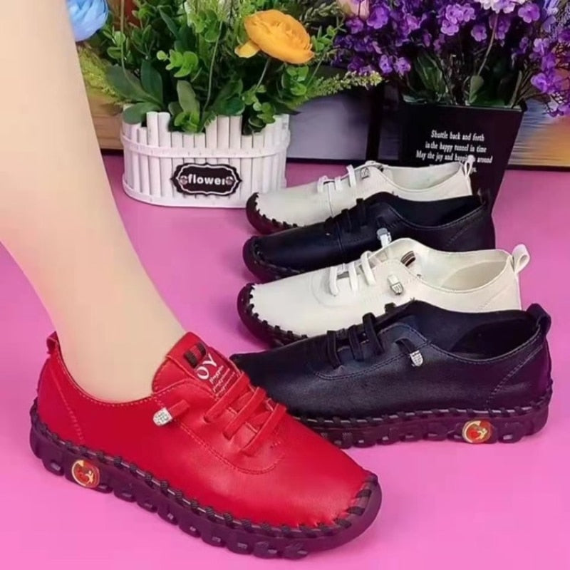 Women Spring Vintage Breathable Shoes Platform Loafers Lace Up Leather Hollow Slip-On New Fashion Casual Mom Shoe Zapatos Mujer - Bonnie Lassio