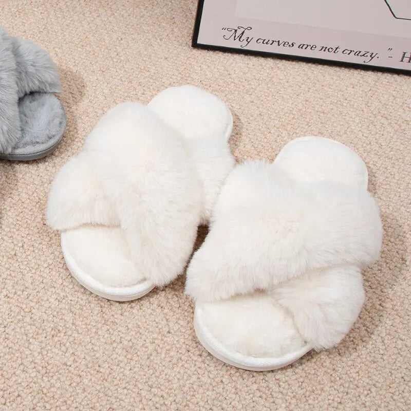 Womens Slippers Cross Band Soft Plush Cozy House Shoes Furry Open Toe Indoor Use - Bonnie Lassio