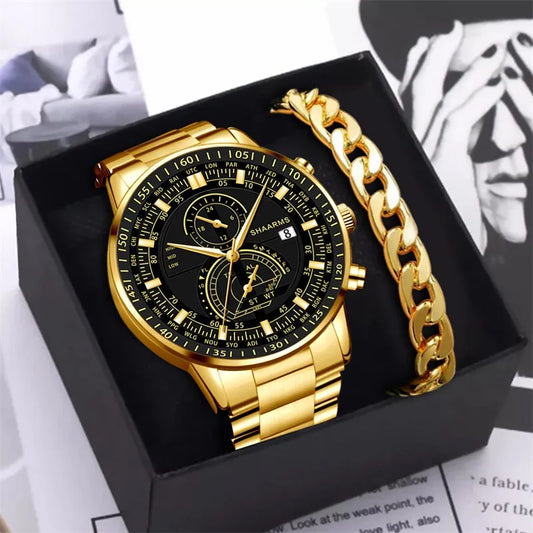 Watch Gift Set for Men Gold & Black with Gold Bracelet Watches High Quality UK - Bonnie Lassio