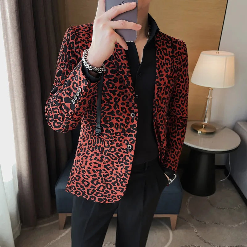 Leopard Print Mens Slim Fit Suit Jacket Single Breasted Two Button Fashionable Blazer - Bonnie Lassio