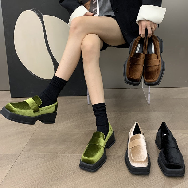 Women Luxury Velvet Loafers Fashion Square Toe Platform Moccasins Ladies Brand Design Evening Party Heel Shoes - Bonnie Lassio