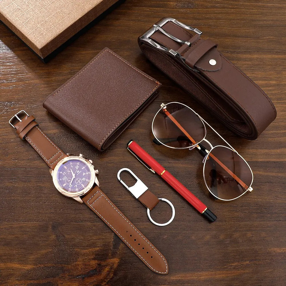 Mens Gift Watch Set Business Luxury Company Mens Set 6 in 1 Watch Glasses Pen Keychain Belt Purse - Bonnie Lassio