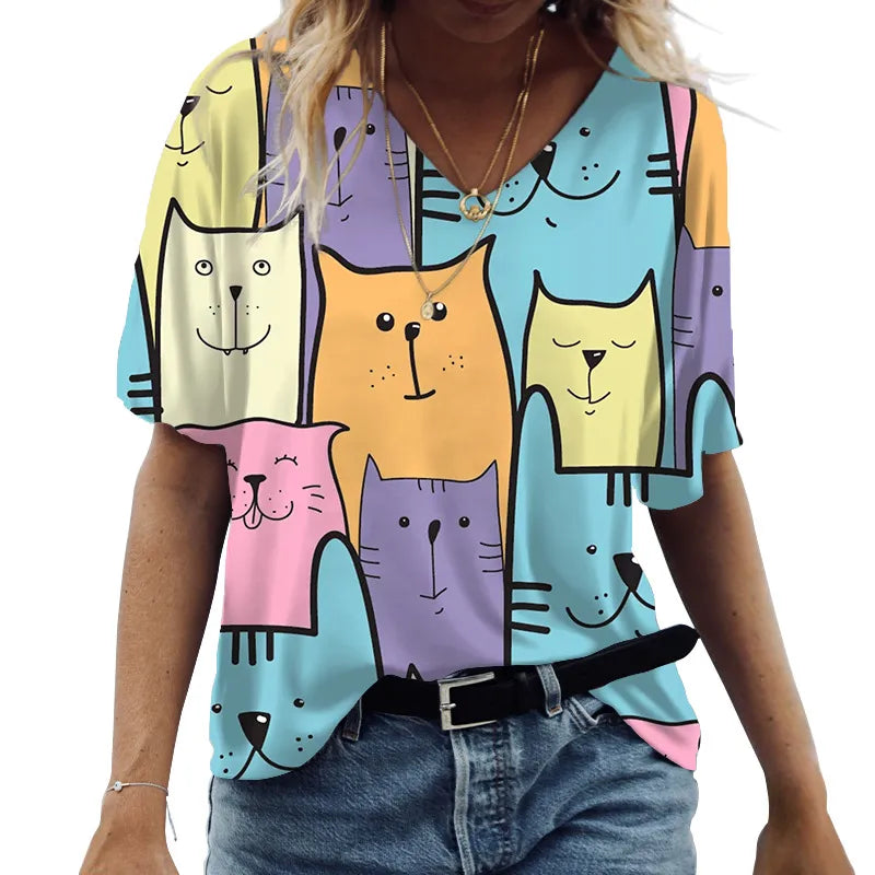 Fashion Women's T-shirt Cat Printed Short Sleeve Female Harajuku Tees Ladies T Shirt Oversized V-neck Tops Animal Women Clothing - Bonnie Lassio