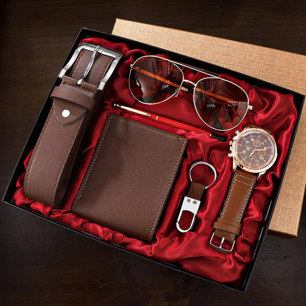 Mens Gift Watch Set Business Luxury Company Mens Set 6 in 1 Watch Glasses Pen Keychain Belt Purse - Bonnie Lassio