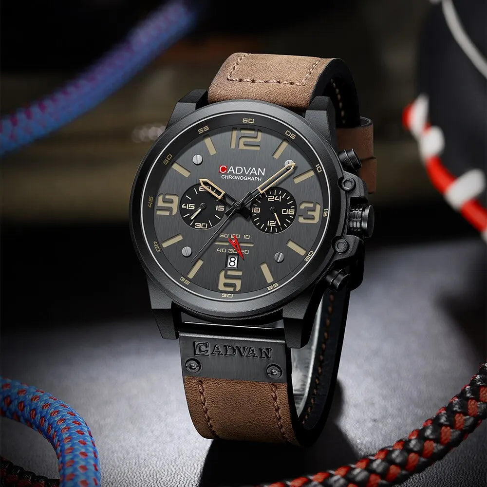 Mens Wrist Watch Chronograph Quartz Genuine Leather Strap - Bonnie Lassio