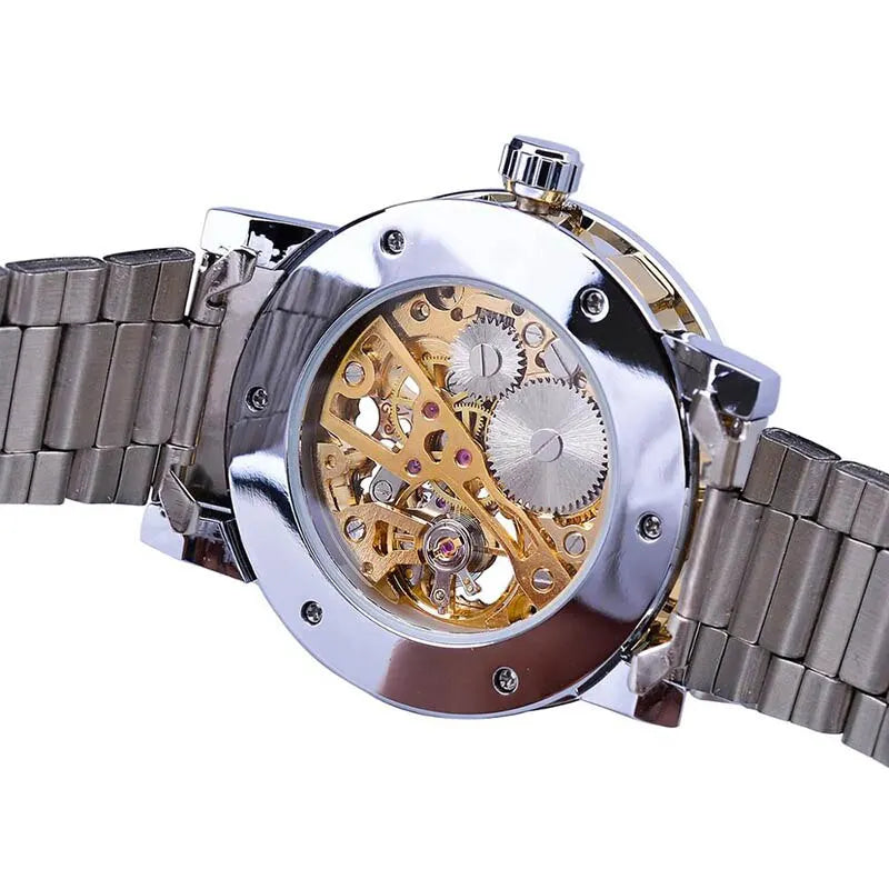 Mens Mechanical Skeleton Wrist Watch Faux Diamond Gear Movement - Bonnie Lassio