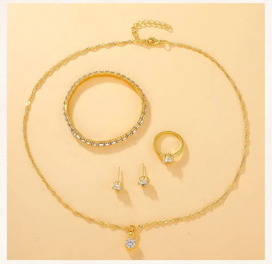 6PCS Set Luxury Watch Girls Ring Necklace Earring Rhinestone Fashion Wristwatch Casual Bracelet Set - Bonnie Lassio