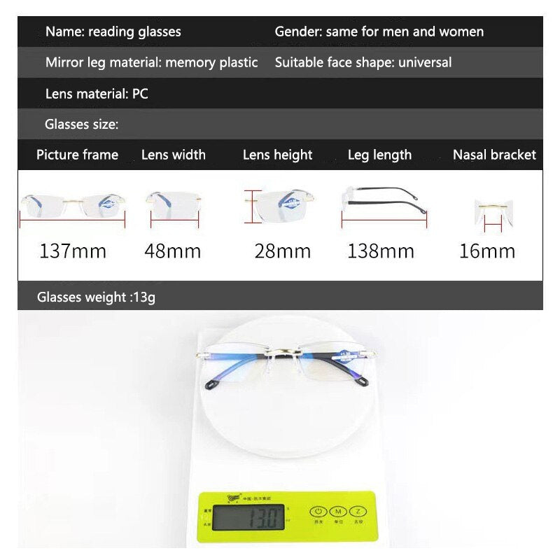 2022 Reading Glasses Women Ultralight Rimless Men Business Anti-Blu-Ray Computer Reading Glasses Presbyopia Reader 0 To +4.0 - Bonnie Lassio