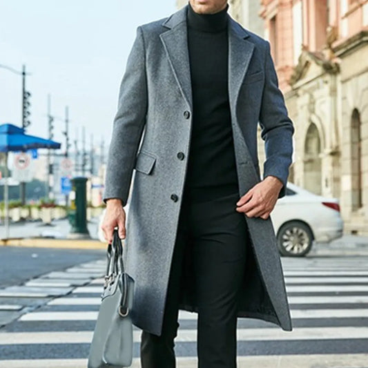 Men's British Style Woolen Coat Fall New Casual Lapel Single Breasted Youth Overcoat Mid-length Slim Long Sleeve Woolen Jacket - Bonnie Lassio