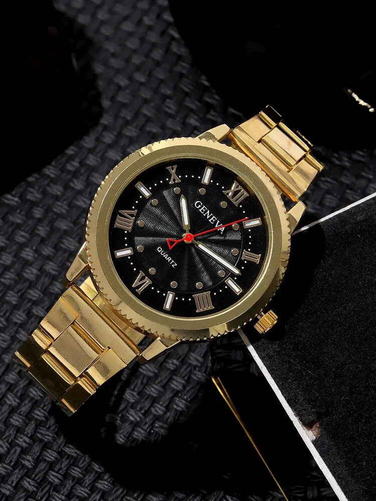 2PCs Fashion Men's Gold Band Quartz Watch+Chain Bracelet Set - Bonnie Lassio