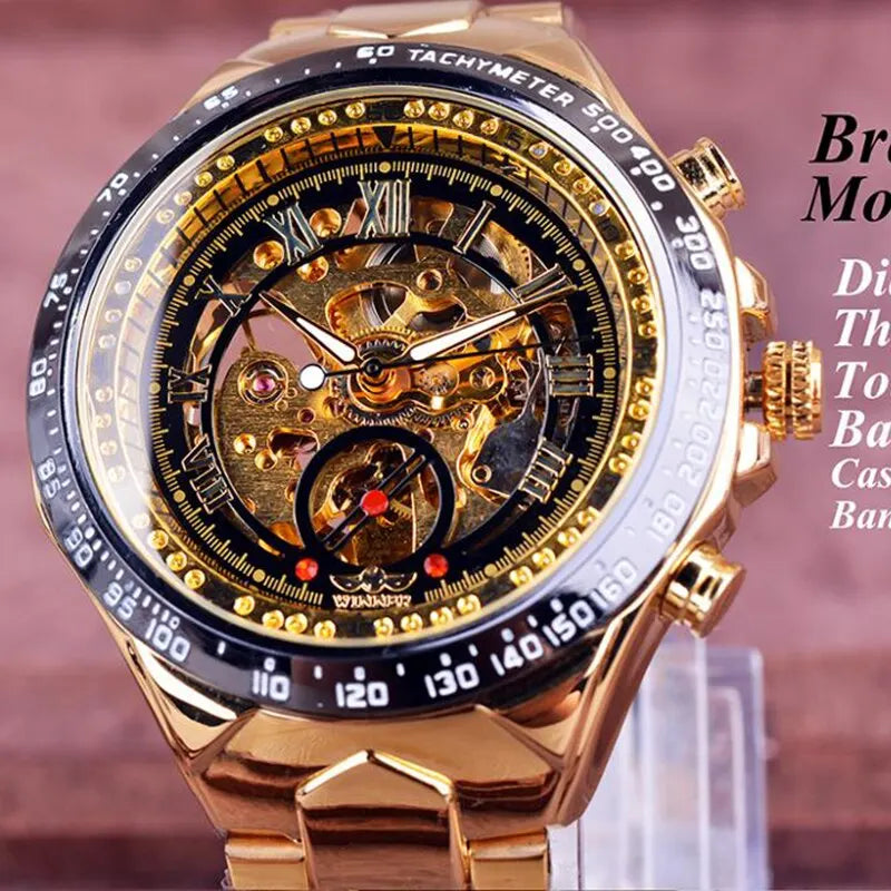 Automatic Mechanical Watch Mens with Gold Rhinestones Bracelet Fashion - Bonnie Lassio