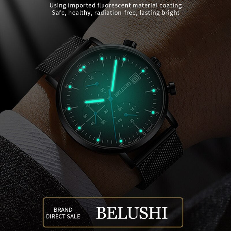 BELUSHI Three-eyes Men Sport Watches Luxury Ultra-thin Dial Stopwatch Quartz Watch Male Luminous Calendar Waterproof Clocks 2023 - Bonnie Lassio