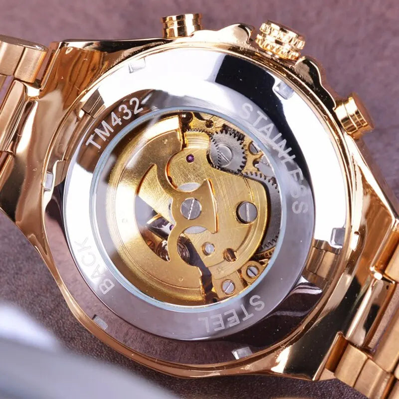 Automatic Mechanical Watch Mens with Gold Rhinestones Bracelet Fashion - Bonnie Lassio