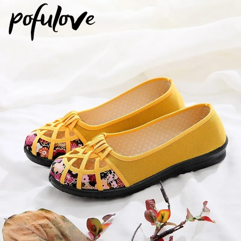 Pofulove Women Flat Shoes Casual Hollow Mesh Cloth Loafers Slip on Summer Spring Mother Sandals Breathable Zapatos Mujer Femme - Bonnie Lassio