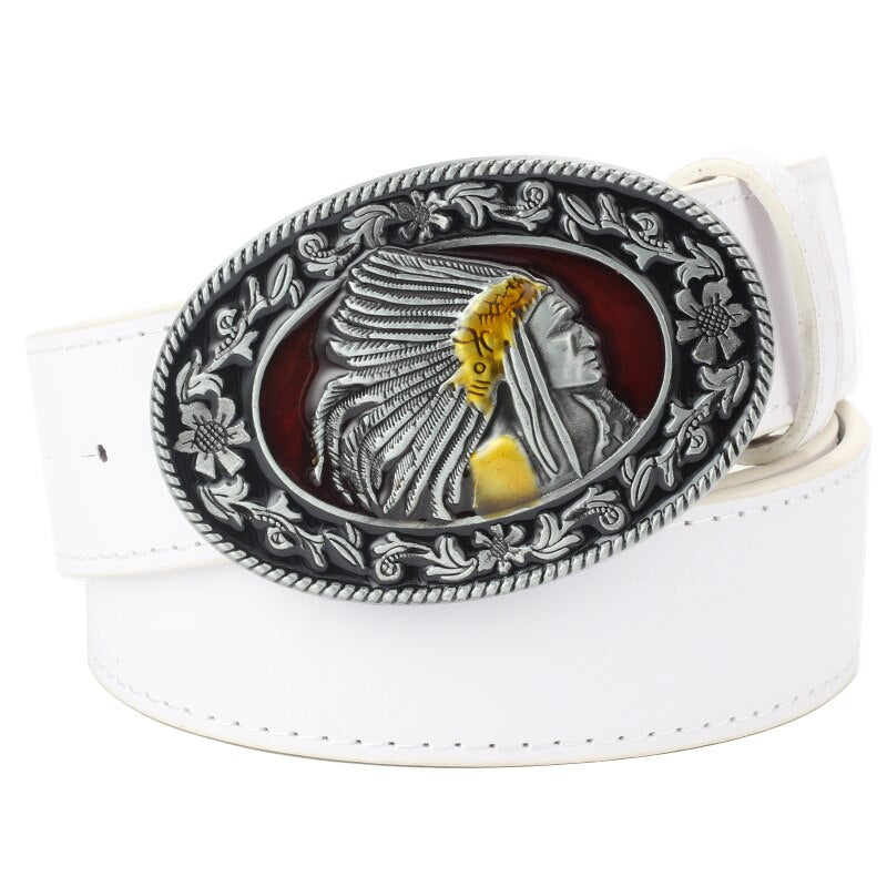 Native American Indian Man Tribe Myth Metal Buckle Leather Belt Man Women Jeans Waistband Daily Wear Street Casual Trouser - Bonnie Lassio